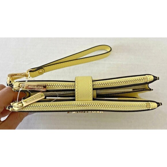 New Michael Kors Jet Set Travel Double zip wristlet Saffiano Leather Sunshine - Picture 4 of 6